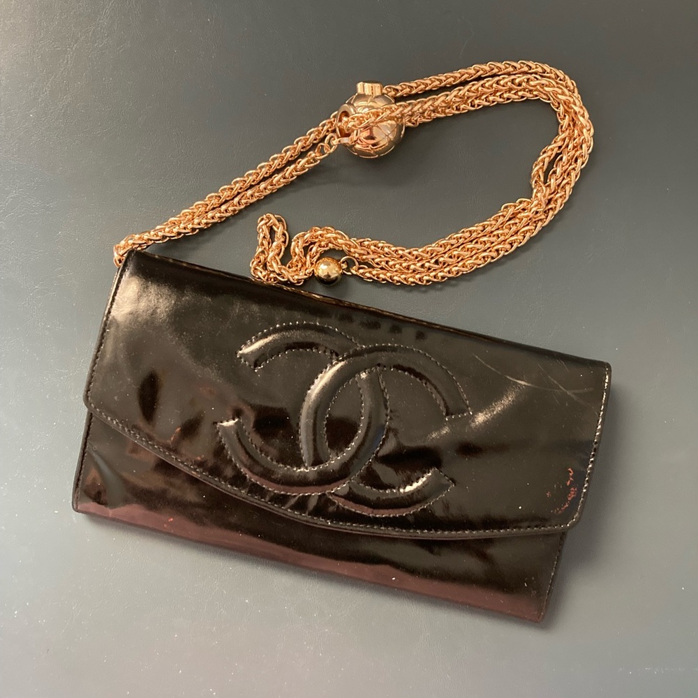 Chanel Authentic CC Black Patent Leather Wallet On a Crush Ball Chain